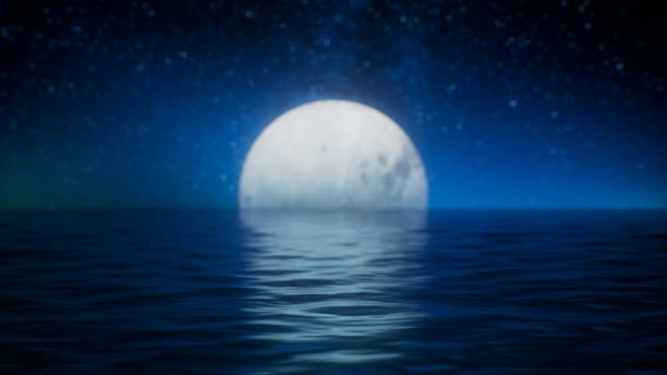 Serene moonrise above a dark ocean under a starry sky. Gentle waves reflect the moonlight, creating a peaceful and dreamy nighttime atmosphere.