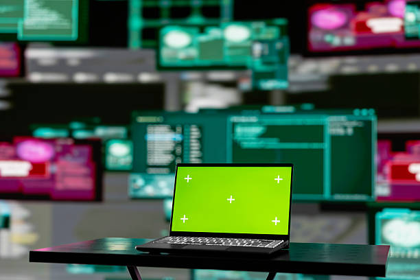 istock Empty scene with green screen on laptop showcases quantum threat 2229524440