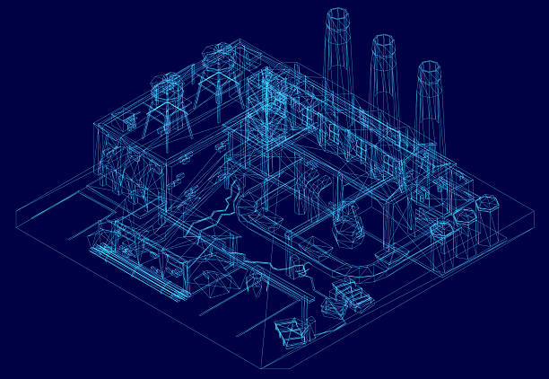 istock A low poly wireframe blueprint of a factory on a blue background, showcasing detailed structural elements and industrial design. The geometric layout highlights machinery placement and workflow. 2229527112