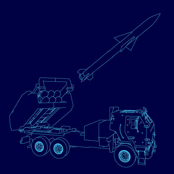 istock A military missile launcher truck blueprint features a rocket mounted on its platform, set against a dark blue background. The detailed contour lines highlight the vehicle's structure and launch. 2229531418