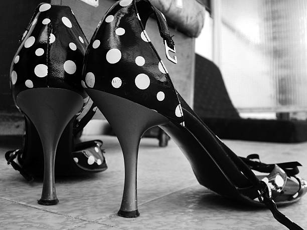 istock vintage high heels with a polka dot pattern, viewed from a low angle on a tiled floor 2229531528
