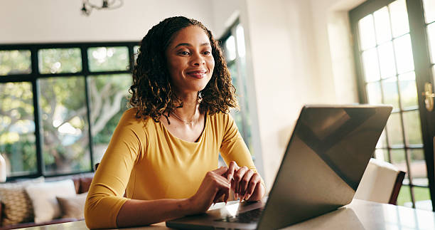 istock Research, laptop and woman in home with remote work on creative project with communication. Contact, freelancer and female copywriter on computer for email on publishing approval for article in house 2229534972