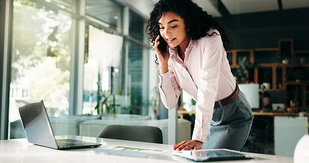 istock Business, phone call and woman with documents, graphs and communication for audit schedule. Person, employee and financial advisor with charts, cellphone or planning for budget report or stock market 2229535188