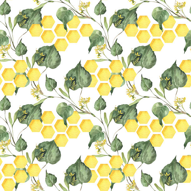istock Floral greenery watercolor seamless pattern with linden branches and golden honey combs illustration. Hand drawn foliage background with organic food and botanical elements for textile,packing design 2229535569