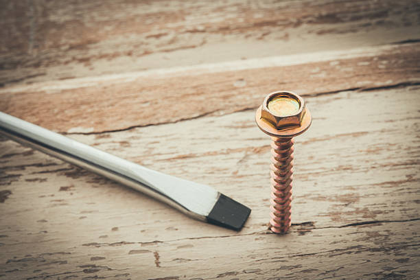 Wrong tool for this job. Screw and screwdriver on old wooden background. Recruitment, HR human resources management in business company, put the right man on the right job concept.
