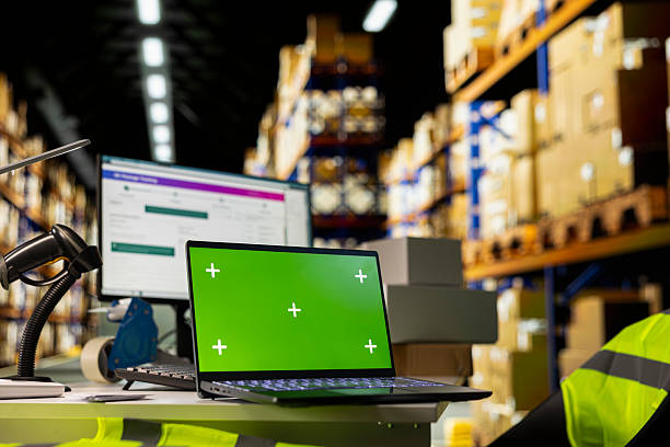 istock Empty storage room depot shows screen with copy space mockup 2229536411