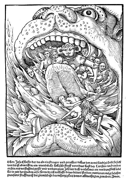 Woodcut flyer from the Protestant Reformation time (XIV century) grotesquely depicting sinners being punished and swallowed by an unspecified monster. The prayer in the caption is milder than the illustration ('intelligenti pauca').