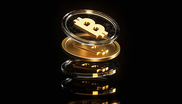 Futuristic Golden Bitcoin Coins on dark background  3D Digital Cryptocurrency Concept