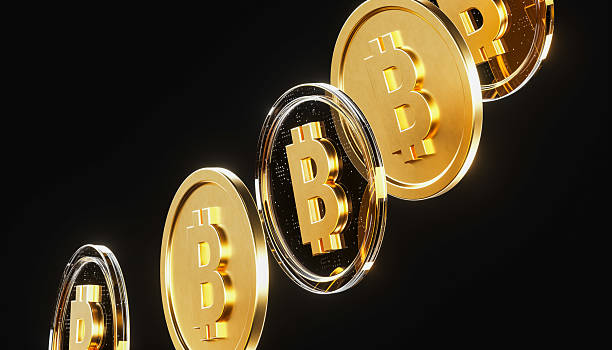 istock Futuristic Golden Bitcoin Coins on dark background  3D Digital Cryptocurrency Concept 2229539877