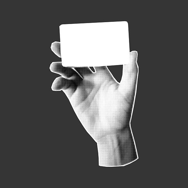 Vintage collage with hand holding blank note, halftone dots and retro paper textures. Stylized fingers and card, pop poster with text placeholders.