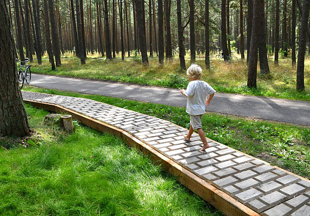 Happy Barefoot boy walking on a sensory trail through a sunny pine forest in Lithuania