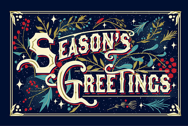 Vector illustration of a Vintage style Postcard Hand lettered Season's Greeting Greeting card design template with branches berries and florals on dark blue background. All fonts outlined or expanded. Download includes vector eps and high resolution jpg.