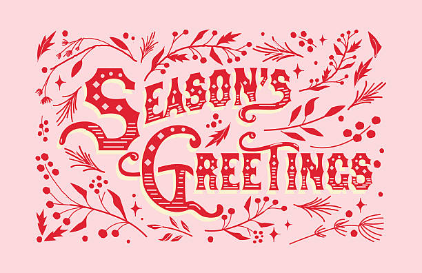 Vector illustration of a Hand lettered Season's Greetings Greeting card design template with branches berries and florals in pink and red colors. All fonts outlined or expanded. Download includes vector eps and high resolution jpg.