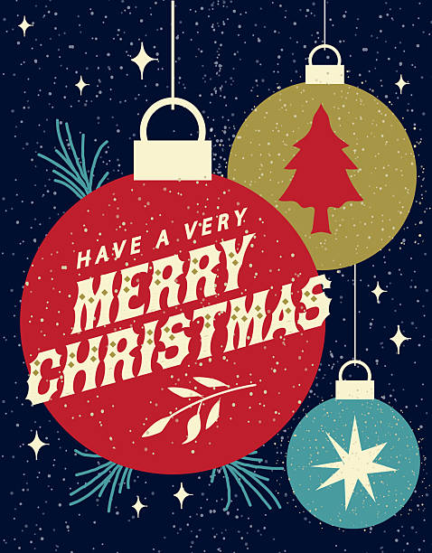 Vector illustration of a Have a Merry Christmas Season Greeting card design template with hanging bauble decorations on dark blue background. All fonts outlined or expanded. Download includes vector eps and high resolution jpg.