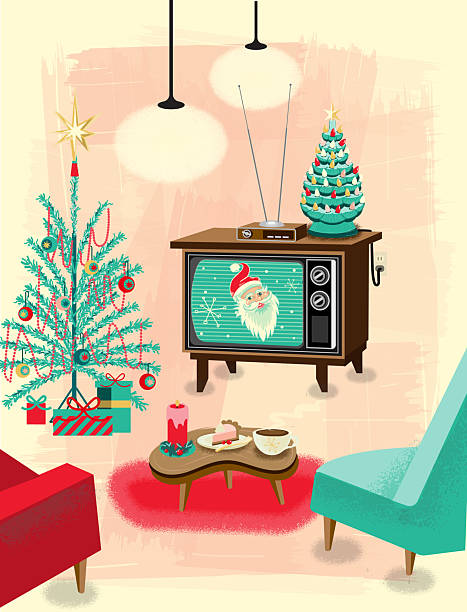 Vector illustration of a Vintage Retro Mid-century Livingroom concept scene decorated for Christmas with Tree, Television, Ceramic Tree and Santa on textured background. Download includes vector eps and high resolution jpg.