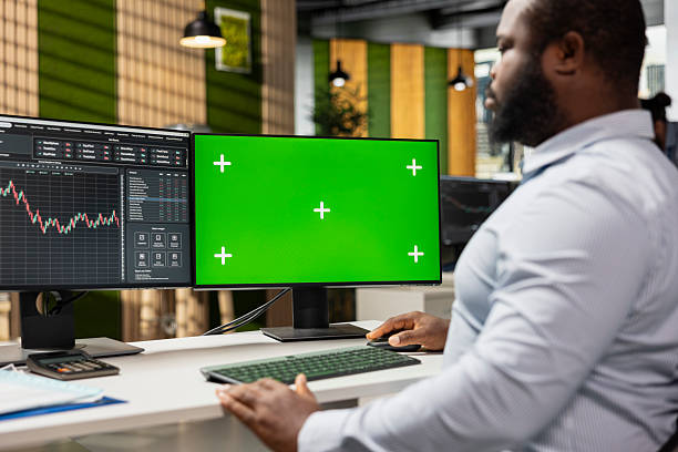 istock Risk analyst using green screen PC to evaluate trading strategies 2229545436