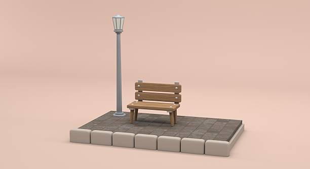 square bench, pole next to a wooden square bench with chrome details, background for pamphlet, banner and invitations (3d illustration)