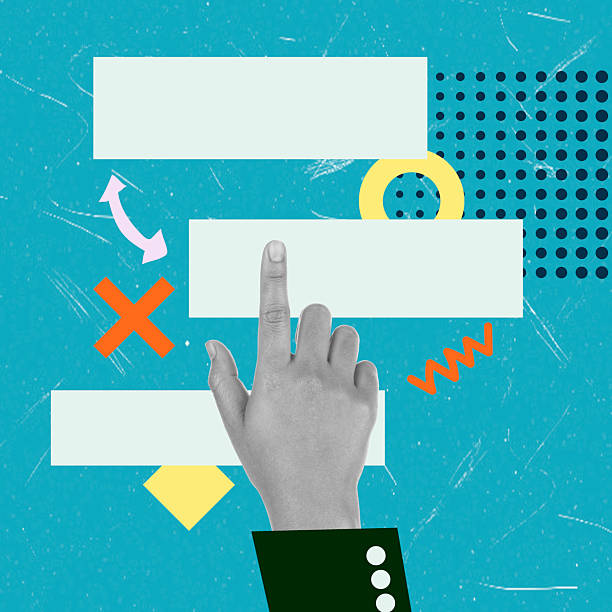 istock Art collage, Hand interacting with colorful graphic elements on a blue background, showcasing creative design and communication 2229556944