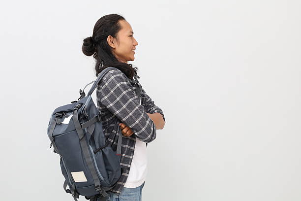 istock Young asian male college student side view, wearing casual clothes and backpack, smiling while folding arms looking into empty space, standing isolated on white background. 2229557659