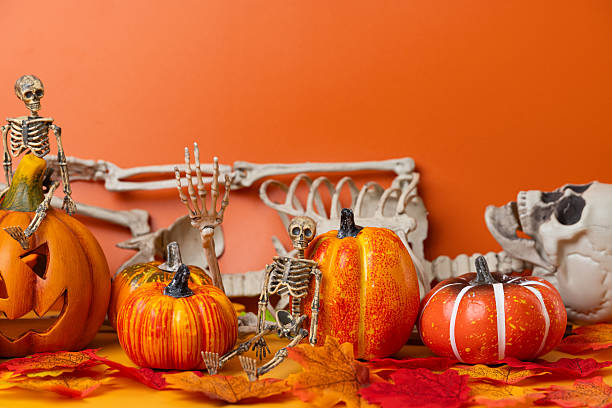A Halloween skeleton standing with a pumpkin in the dark.