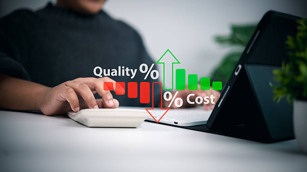 istock Person using a calculator and tablet with a digital bar graph showing rising quality and reduced costs, symbolizing business efficiency improvement and corporate profit maximization. 2229561206
