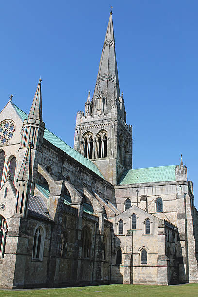A view of Bishops Palace and the spire of Chichester Cathedral in the beautiful cathedral city of Chichester in Sussex, UK.