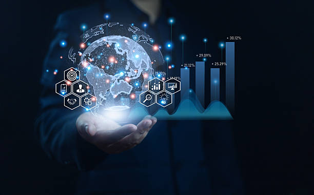 istock Goal, success, Businessman shows graph and globe icon on hand, Access to application technologies from virtual Global Internet connection, Marketing strategy digital, Business Goals 2229565595