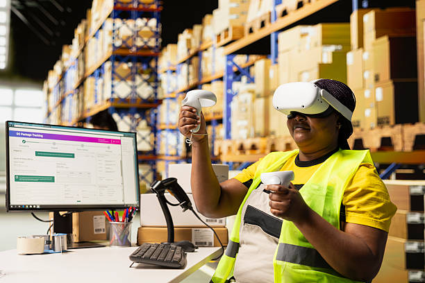 istock Depot clerk uses virtual reality headset to manage order processing 2229568095