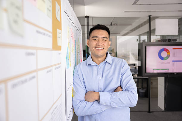istock Happy handsome young Asian businessman standing at whiteboard 2229568814