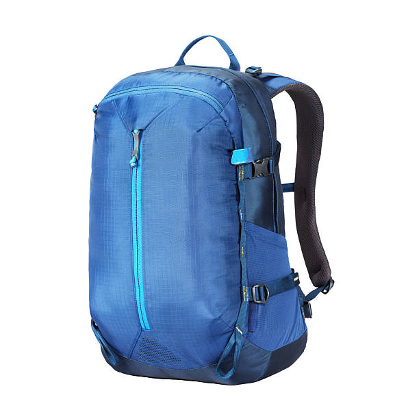 istock Blue School Backpack isolated on White Background. Side View of Blue Daypack with Load-Lifted Straps. Pocket Backpack. Travel Backpacks 2229570925