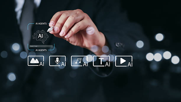 istock Businessman interacting with AI technology interface icons for images, audio, music, text, and video. Concept of artificial intelligence agents and digital innovation in business. 2229572057