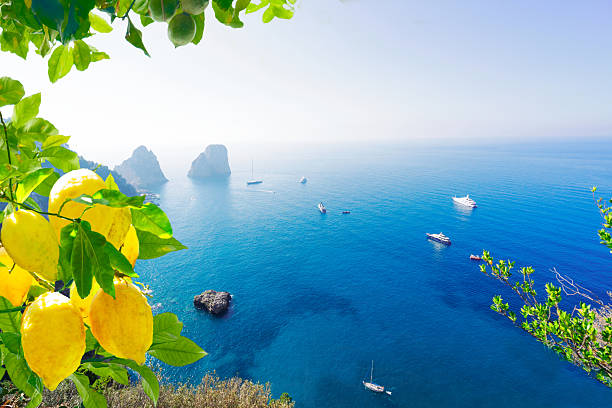 Famous Faraglioni cliffs and Tyrrhenian Sea clear blue water, Capri island, Italy