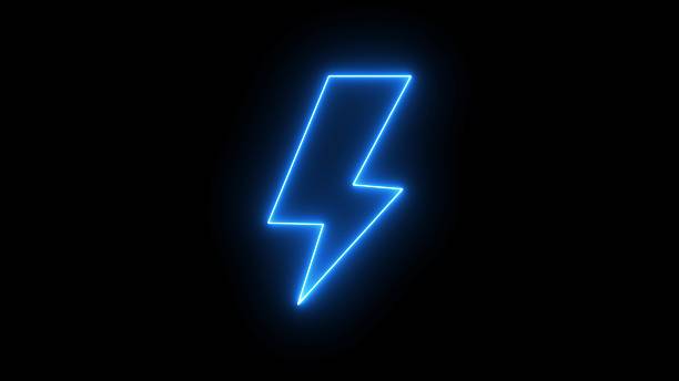 istock Battery charging with a power bolt icon. Glowing neon Charging flashlight icon on black background. 2229583911