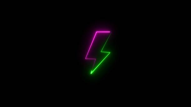 istock Battery charging with a power bolt icon. Glowing neon Charging flashlight icon on black background. 2229583921