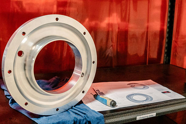 A precisely CNC-machined flanged metal ring sits upright on a blue inspection cloth next to technical engineering drawings and a handled deburring tool. The part features multiple bolt holes around the flange and a clean, smooth internal surface, indicating precision tolerances. The setup rests on a dark workbench labeled \