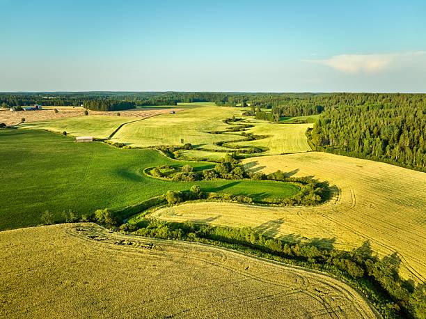 istock Aerial view of lush fields and winding river. 2229587594