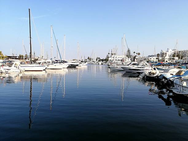 A serene marina scene featuring rows of luxury yachts and sailboats moored along the pier under a clear blue sky. The still water perfectly mirrors the masts and hulls, creating a peaceful and picturesque coastal atmosphere. Modern white buildings and palm trees line the background, adding to the Mediterranean charm.