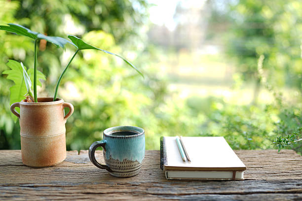 istock vintage coffee and notebook and potted plant on rustic wooden table 2229589592