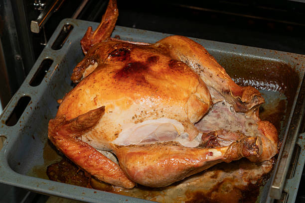 A plump turkey is roasting in an oven, showcasing a beautifully browned skin. It is positioned in a tray, with juices pooling beneath, ready for celebration.