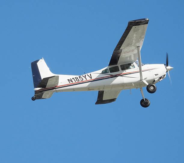 Boca Raton, Palm Beach County, Florida, USA, August 11, 2025. A Cessna A185F fixed wing single engine (6 seats / 1 engine) N185YV taking off from the Boca Raton Airport.