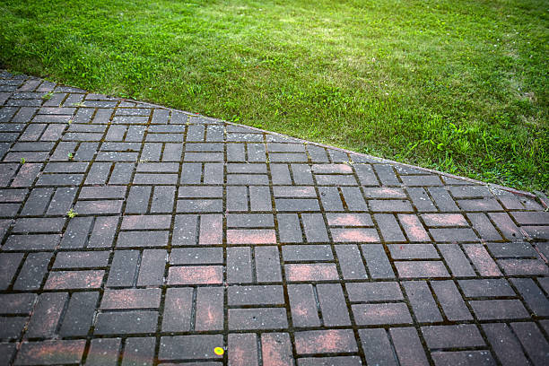 lawn and patio paved with paving slabs