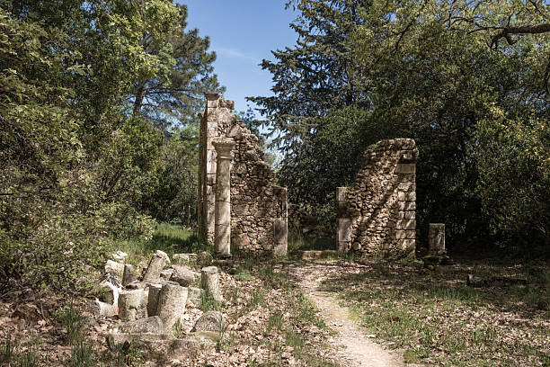 istock Ruins of old building with columns collapsing in the forest 2229601680