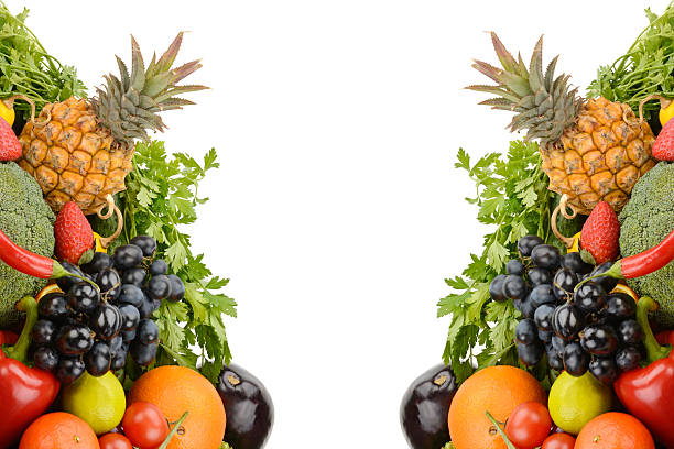 Collection fruits and vegetables isolated on a white background. Free space for text. Collage.