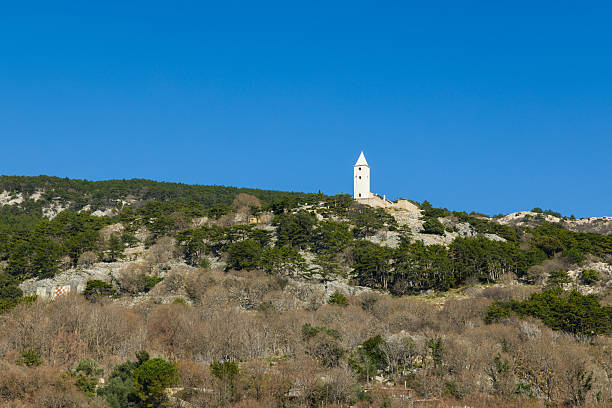 Church Sveti Ivan with cemetery above Baska town, island Krk, Croatia.