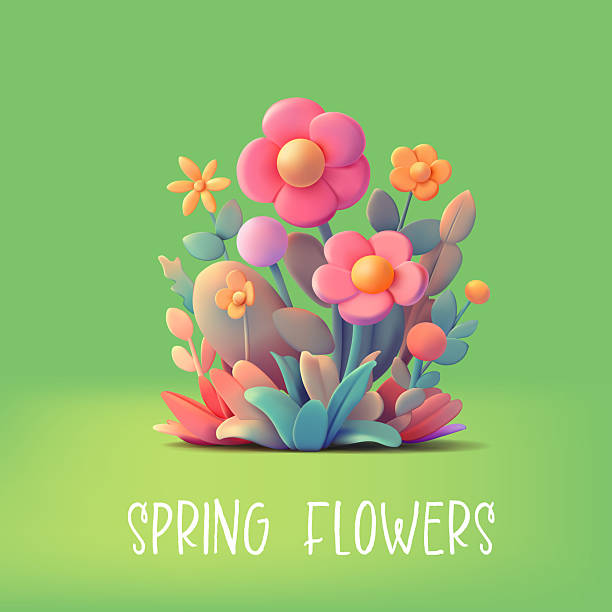 istock Spring blooming flowers, 3D. Green banner. Daisies, leaves, grass. Beautiful composition of flowers. Springtime. Celebration, beauty, greeting. Vector illustration. 2229614078