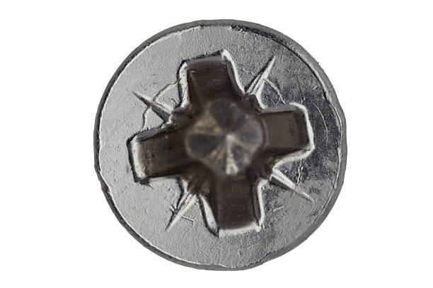 istock Close up of silver Phillips screw with star marks 2229618558