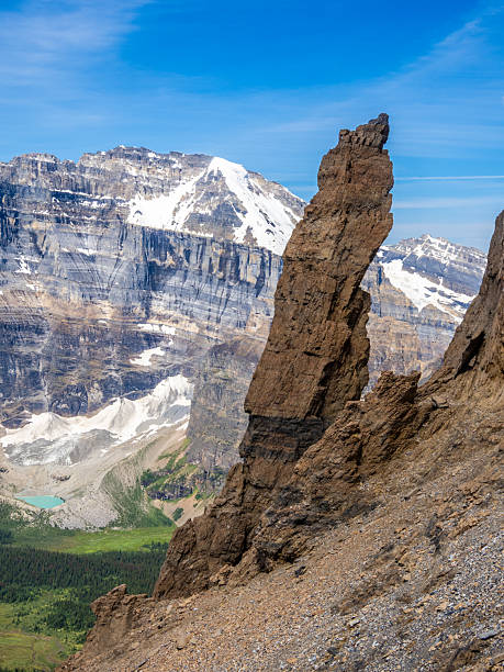 Rugged peaks and alpine valley from Mount Temple slopes in Banff