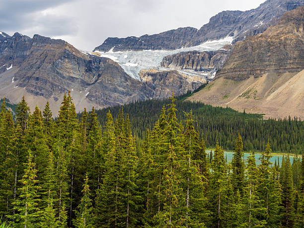 istock Dramatic glacier descending rocky mountain slopes under cloudy sky in Banff 2229622377