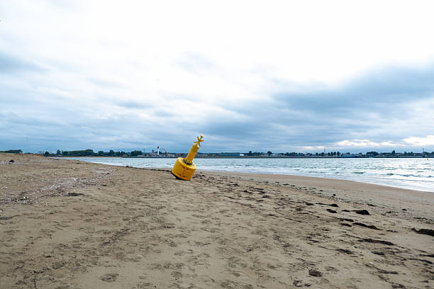 Yellow buoy on sandy beach with cloudy sky and distant horizon.