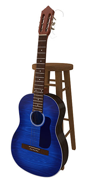 istock Dark blue classical guitar leaning on wooden chair 3d render 2229626542